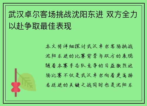 武汉卓尔客场挑战沈阳东进 双方全力以赴争取最佳表现