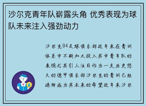 沙尔克青年队崭露头角 优秀表现为球队未来注入强劲动力