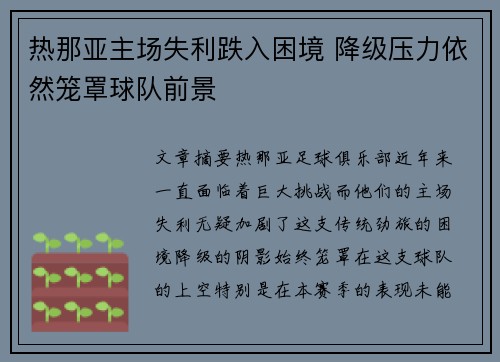 热那亚主场失利跌入困境 降级压力依然笼罩球队前景