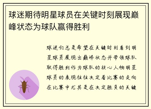球迷期待明星球员在关键时刻展现巅峰状态为球队赢得胜利