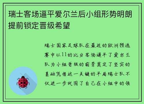 瑞士客场逼平爱尔兰后小组形势明朗提前锁定晋级希望