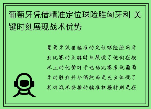 葡萄牙凭借精准定位球险胜匈牙利 关键时刻展现战术优势