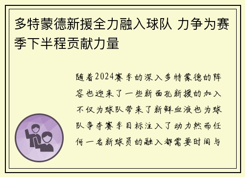 多特蒙德新援全力融入球队 力争为赛季下半程贡献力量